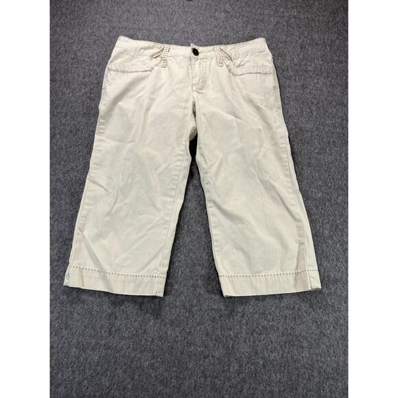 BKE Women’s Capri Pants Khaki Mid‎ Rise Cropped Embroidered Stitching Sz 8 - Picture 1 of 7